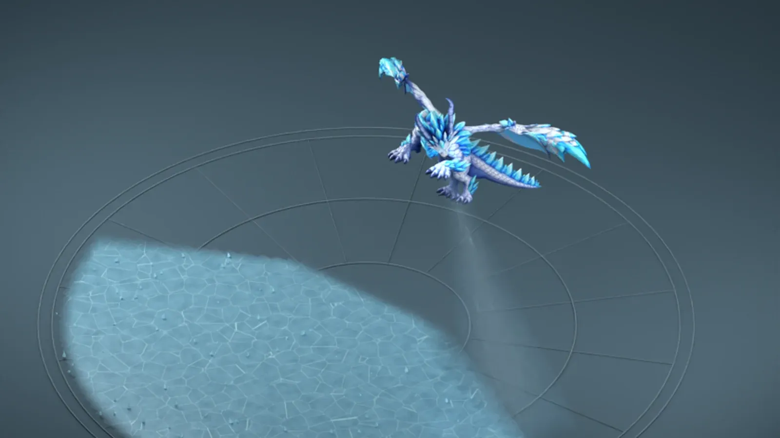 El Frost Wyrm sobrevolando la arena de pruebas mientras su aliento gélido congela el suelo en un abanico por delante de él