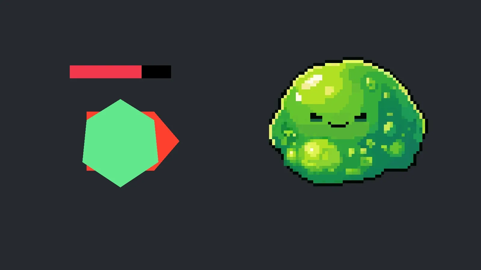 A la izquierda el hexágono verde con su cuña de ataque y su barra de vida; a la derecha el slime terminado, a la misma escala de juego