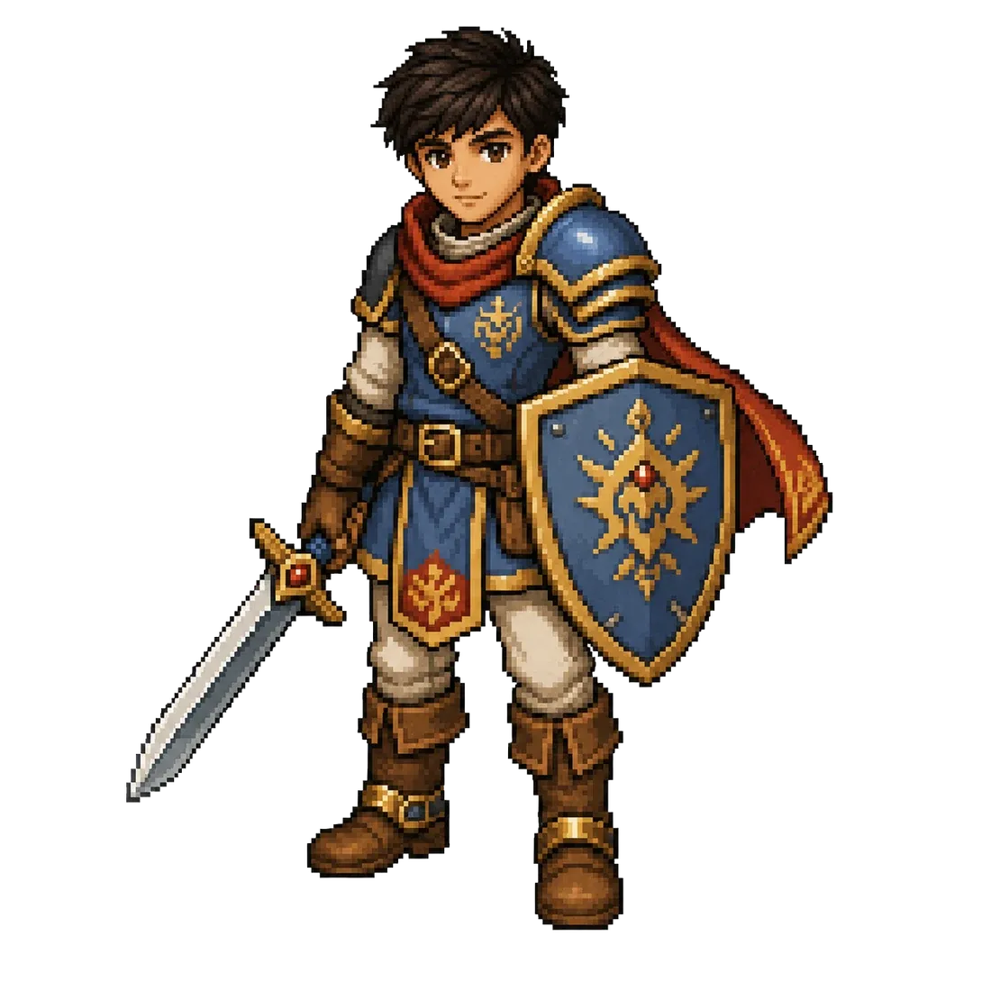 First concept of Leo, stocky proportions, red cape flying, blue and gold shield with an emblem, and a short sword