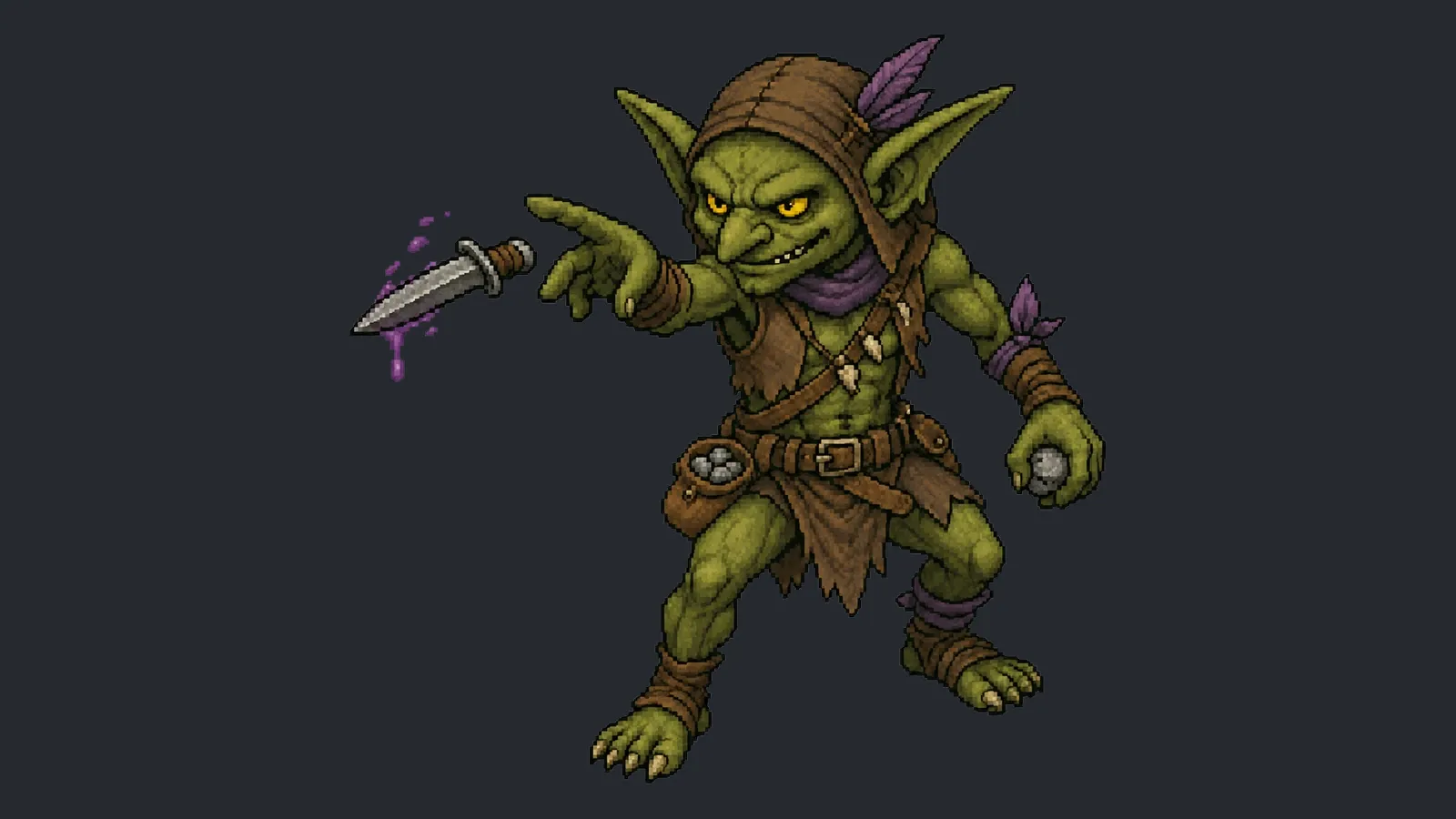 Concepto del Goblin Scout: piel verde musgo, orejas puntiagudas, capucha de cuero, pluma morada, daga envenenada y una piedra en la mano
