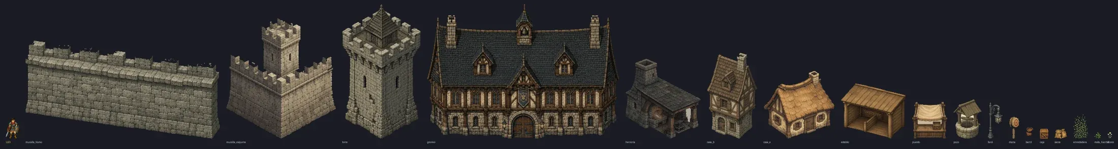Environment asset kit: wall stretch, corner, tower, guild, smithy, two houses, stable, stall, well, lamp post and loose props, with Leo on the left for scale
