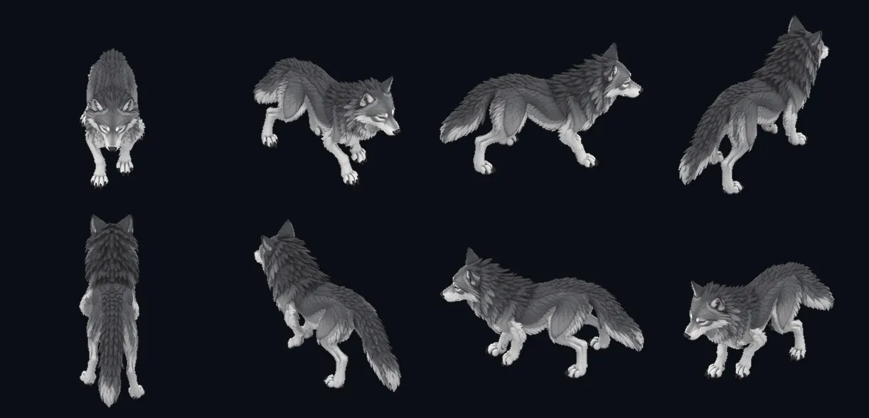 El lobo caminando, visto desde las ocho direcciones a la vez en una rejilla de cuatro por dos