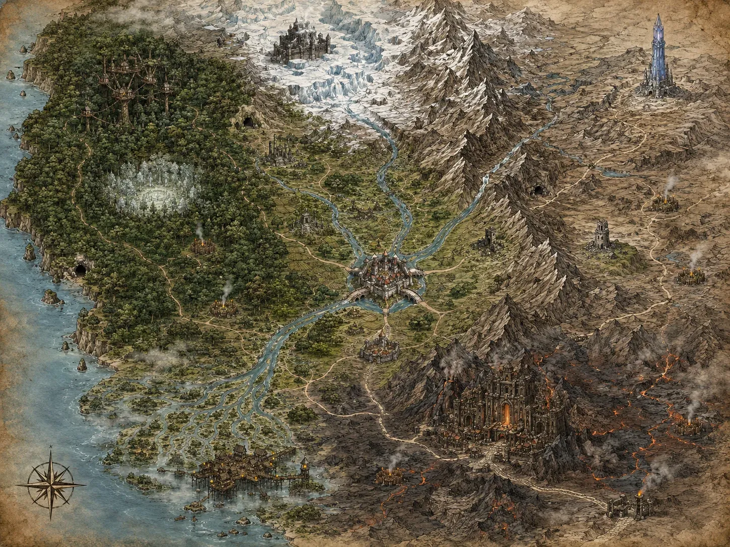 Hand-drawn continent map on parchment: dense forest to the west, glacier and mountains to the north, central range, smoking volcanic region to the south-east, marshes to the south-west, city of bridges at the centre and a compass rose in the corner