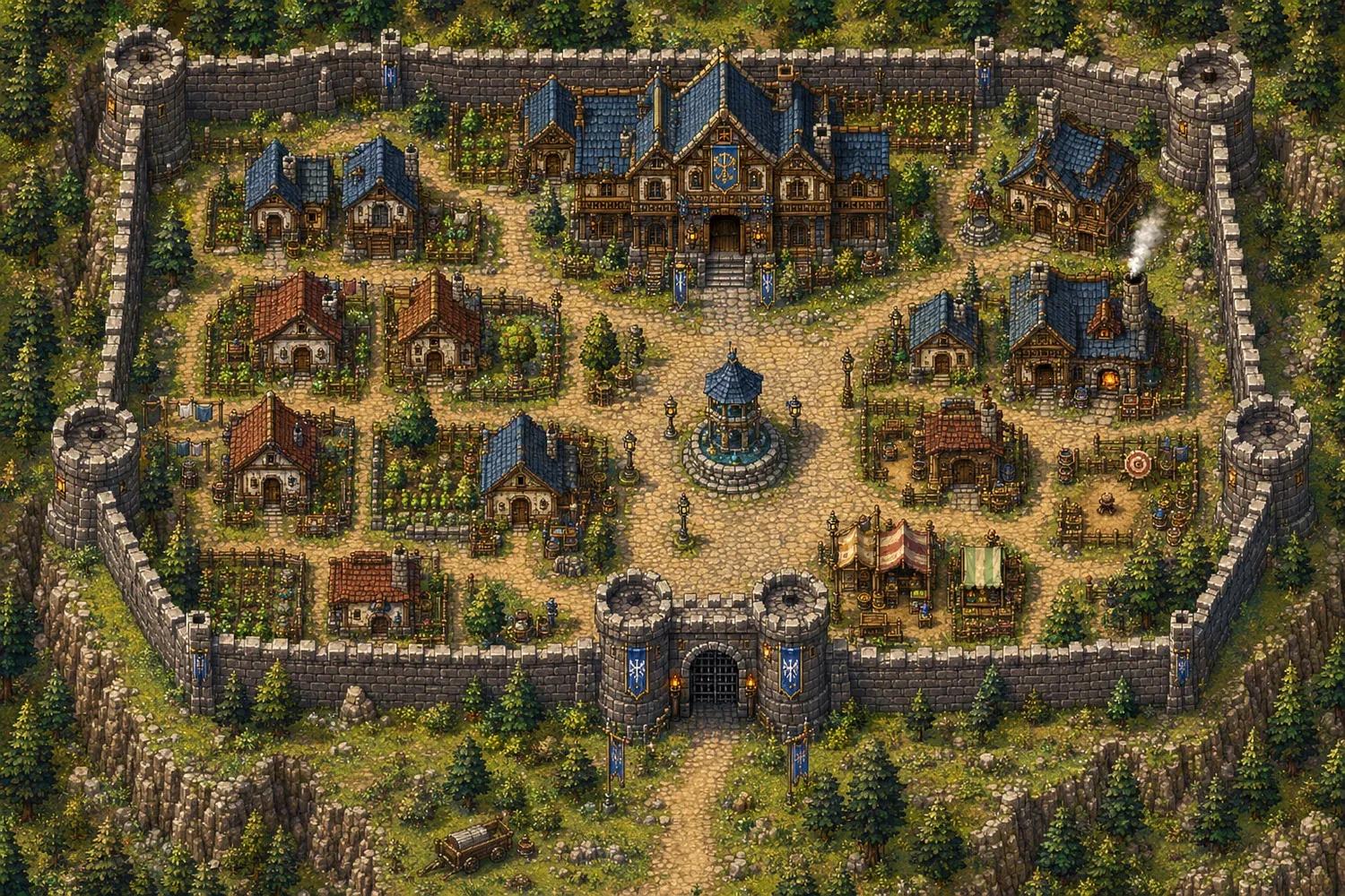 The assembled village: rectangular walled enclosure with round towers, great hall to the north, houses with blue and red roofs, vegetable plots, central fountain and market stalls