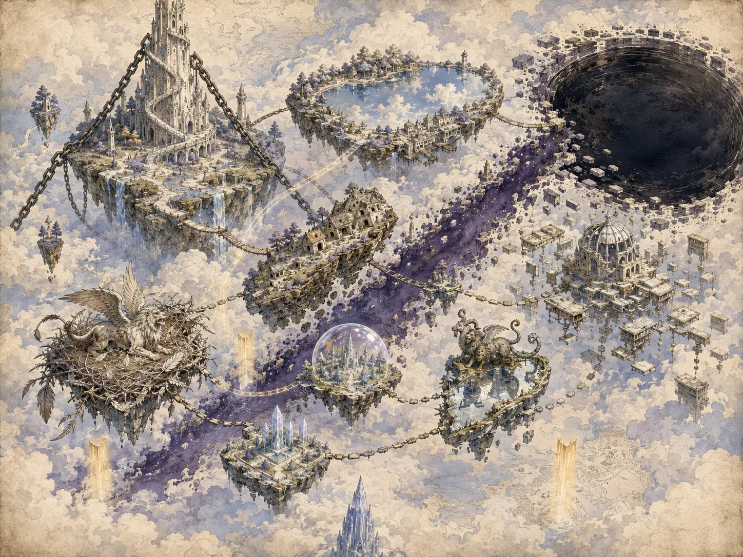 Map of the sky layer: floating islands among clouds joined by enormous chains, with towers, ruins, a dome, a giant nest and a dark void to the north-east