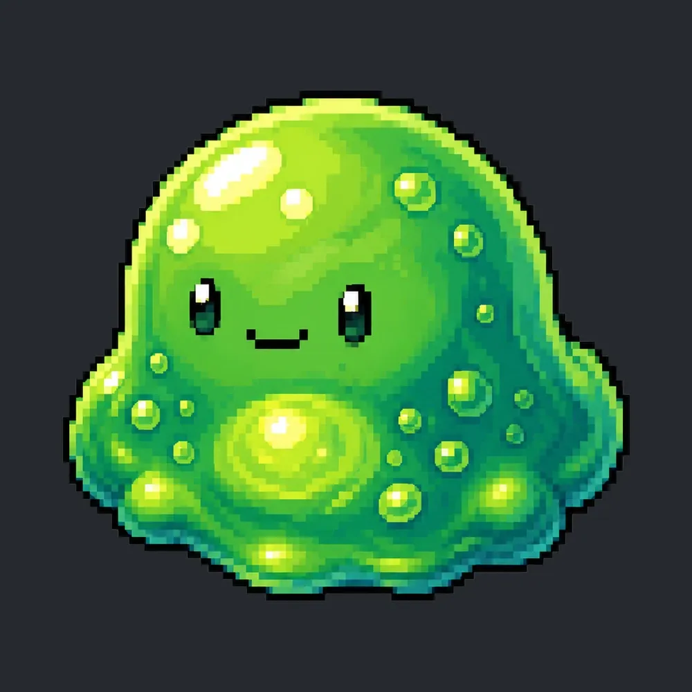 Concepto del slime: cuerpo verde translúcido con burbujas internas, brillo superior y cara sencilla de dos ojos y una sonrisa