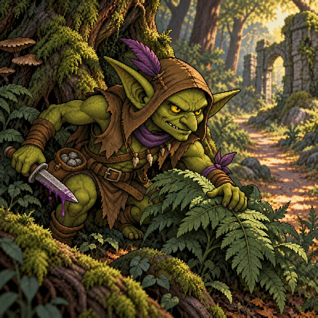 La ilustración del goblin explorador sin marco ni texto: emboscado entre raíces y helechos, junto a un sendero del bosque