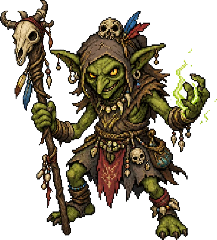Chamán goblin: piel verde, bastón coronado con un cráneo de cabra, collares de huesos y plumas, llama verde en la mano libre