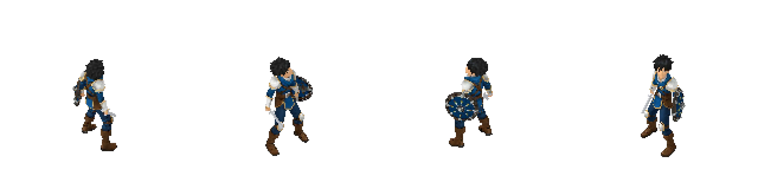 Eight-direction pixel-art sheet of Leo at 160 pixels, scaled up so individual pixels are visible