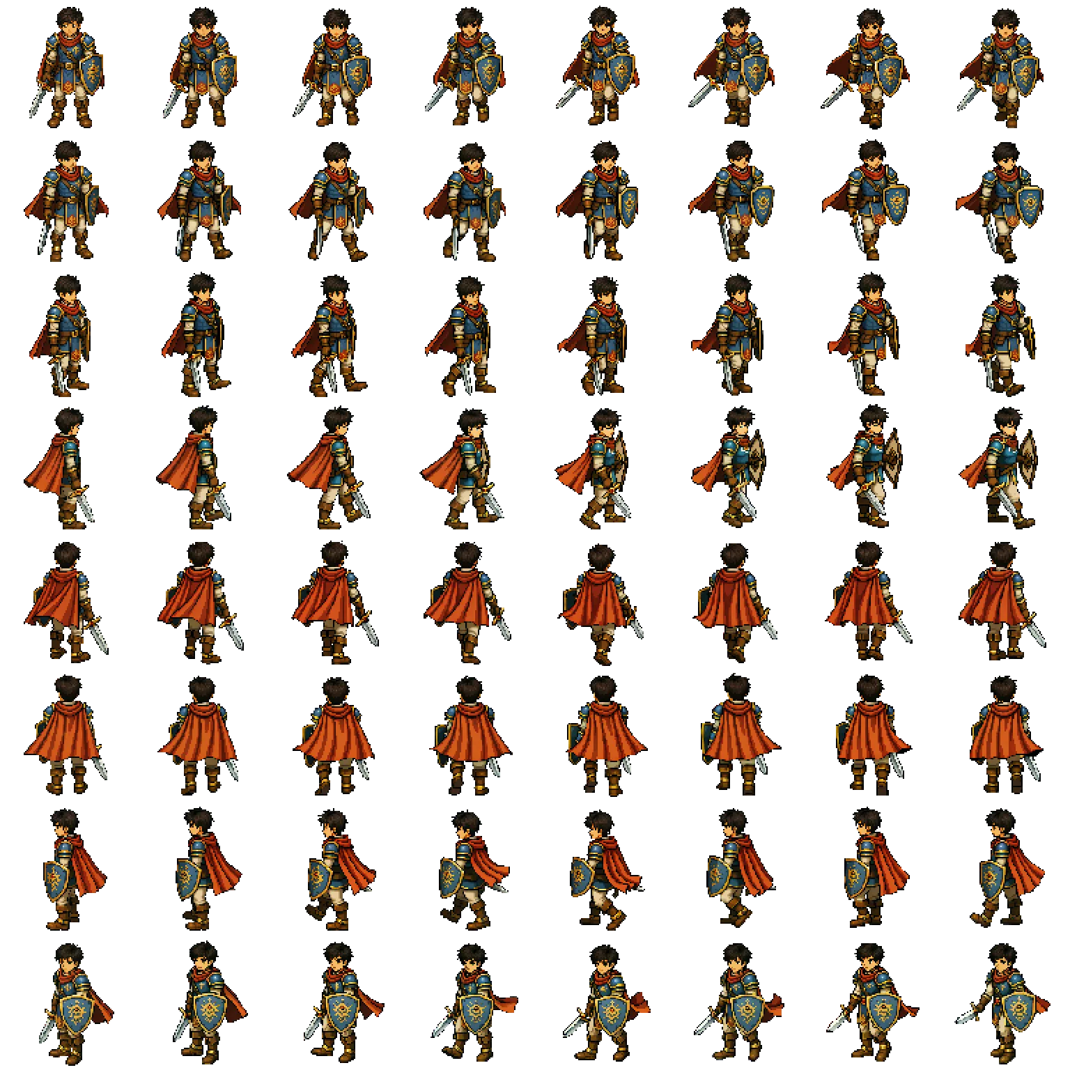 Hoja de sprites de Leo generada con PixelLab: ocho direcciones en filas, ocho fotogramas de caminar en columnas, sesenta y cuatro en total