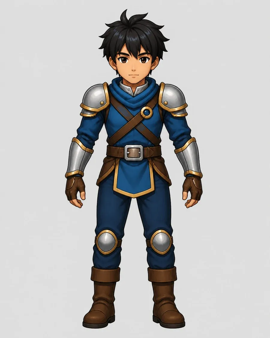 Leo's final design on a light background: anime face, spiky black hair, blue tunic with steel pauldrons and gold trim, crossed straps, knee guards and brown boots