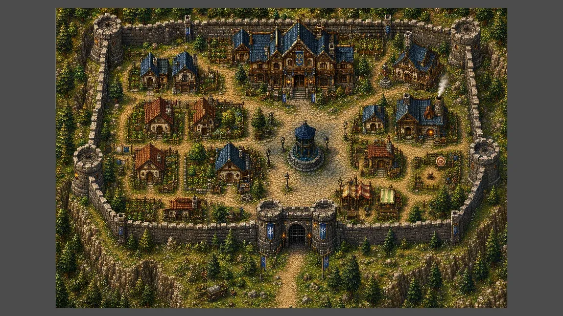 The village running inside the engine, with characters moving near the fountain