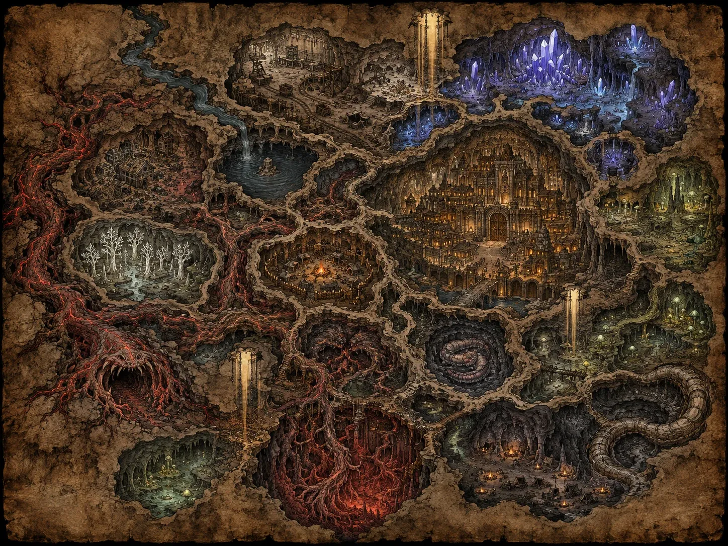 Map of the underground layer: caverns connected like cells inside the rock, with a golden city carved at the centre, crystal caves to the north-east, red root systems to the west and underground lakes