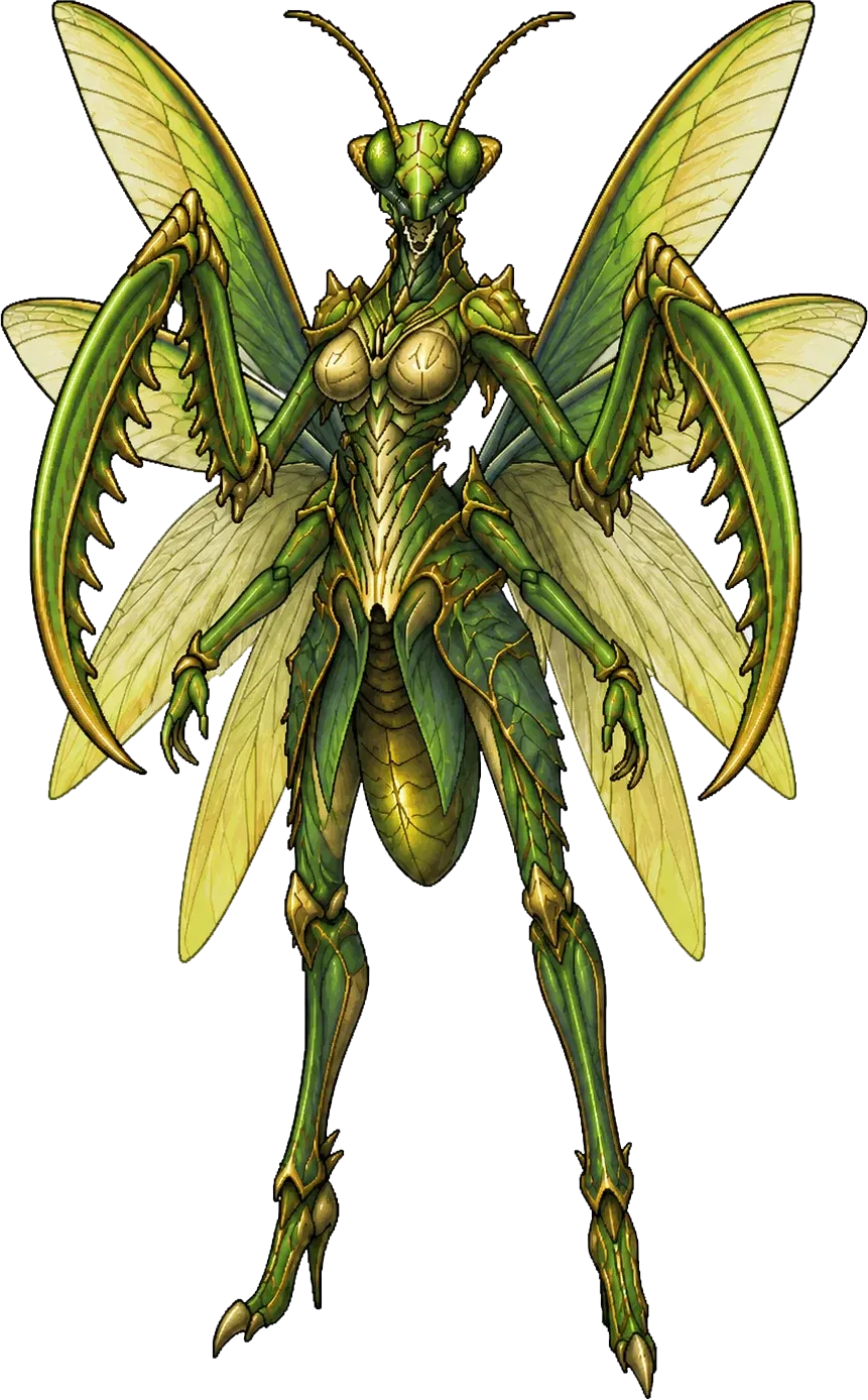 Mantis guerrera: insecto humanoide de quitina verde, alas translúcidas y antebrazos convertidos en hojas dentadas