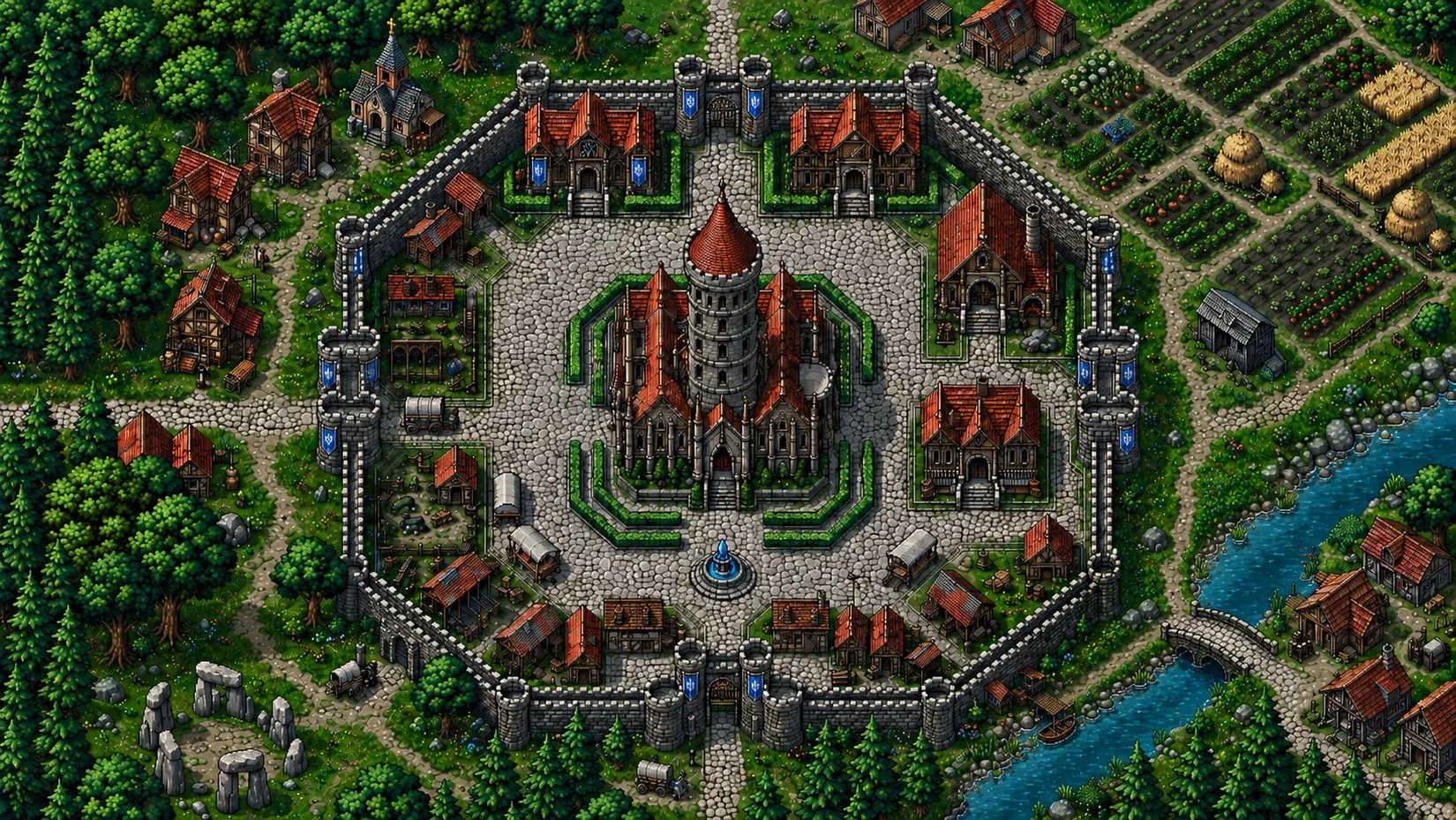 The redesigned citadel: octagonal wall, cathedral with tower at the centre, buildings around the plaza, river and bridge to the east, megaliths to the south-west and fields to the north-east