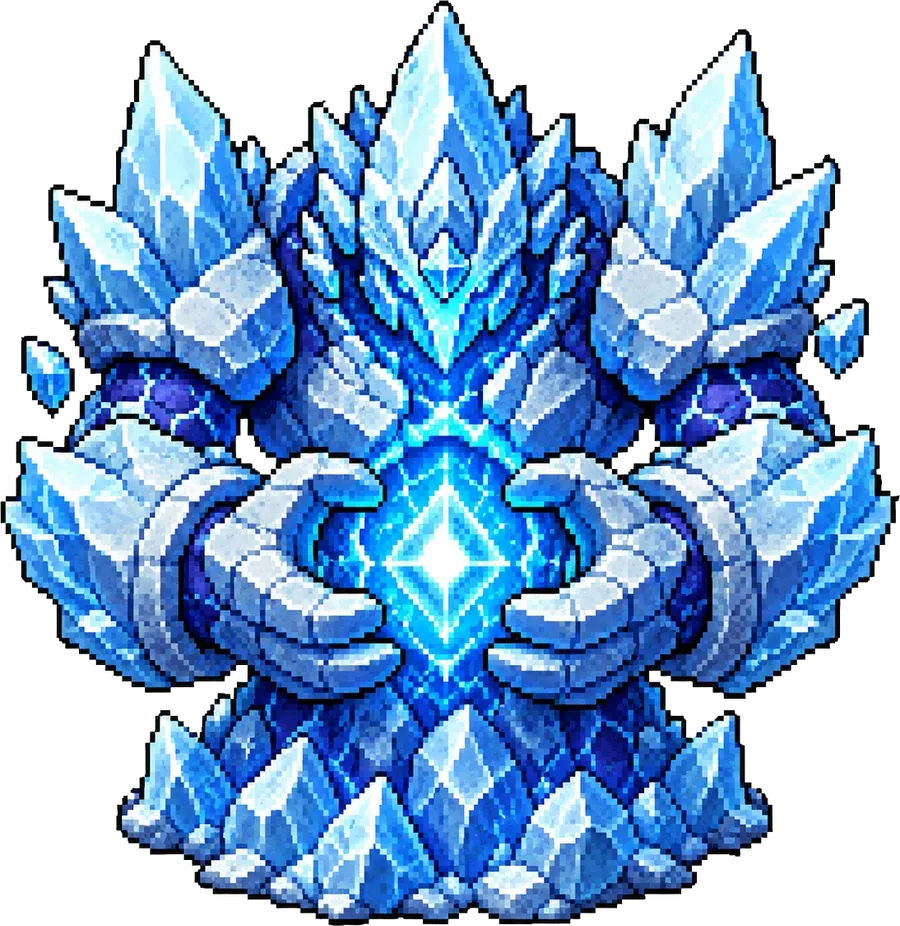 Elemental de glaciar: masa de cristales de hielo azules con un núcleo luminoso y dos brazos formados de esquirlas