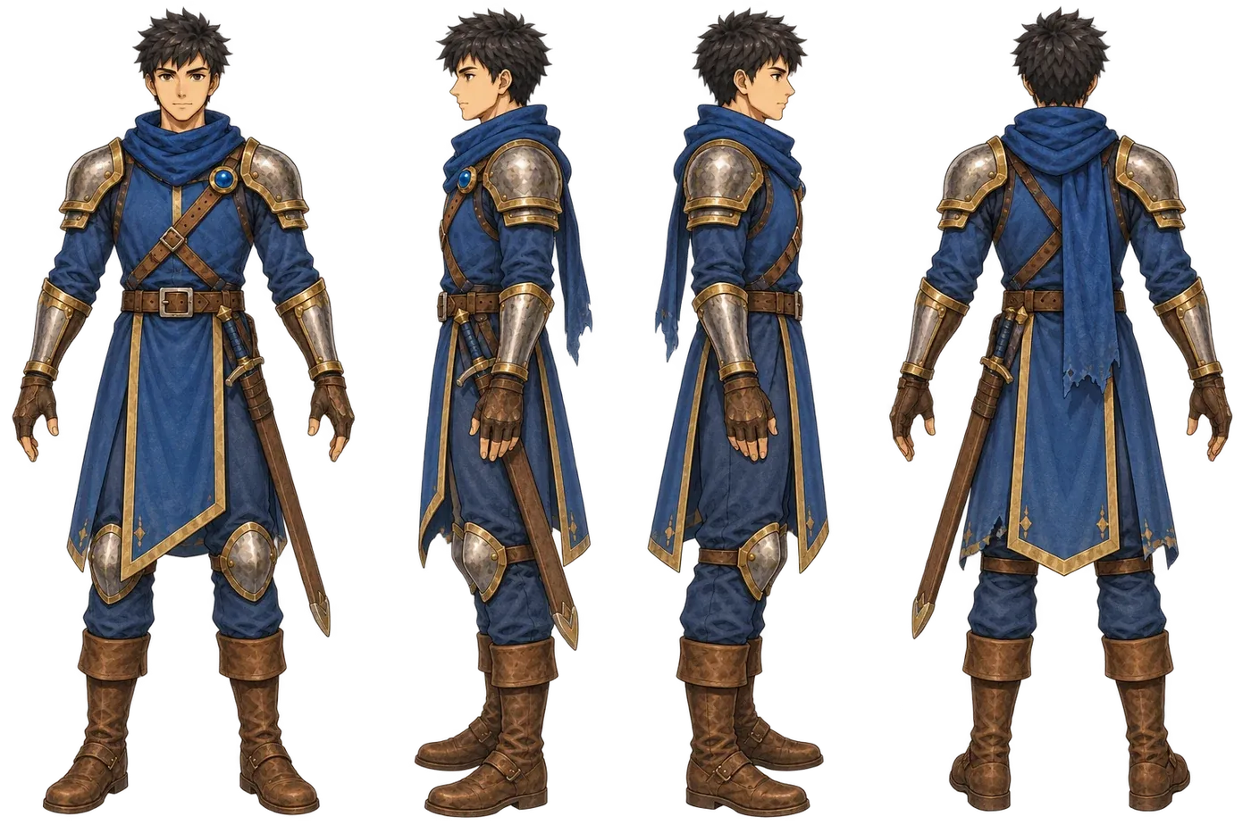 Leo's first turnaround sheet, four views, with the sword sheathed at his side