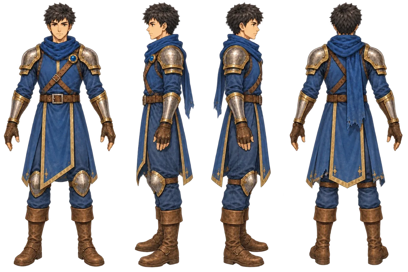 Leo's second turnaround sheet, weapon-free, but with the scarf tail falling to the hip and the tabard covering the knee guards
