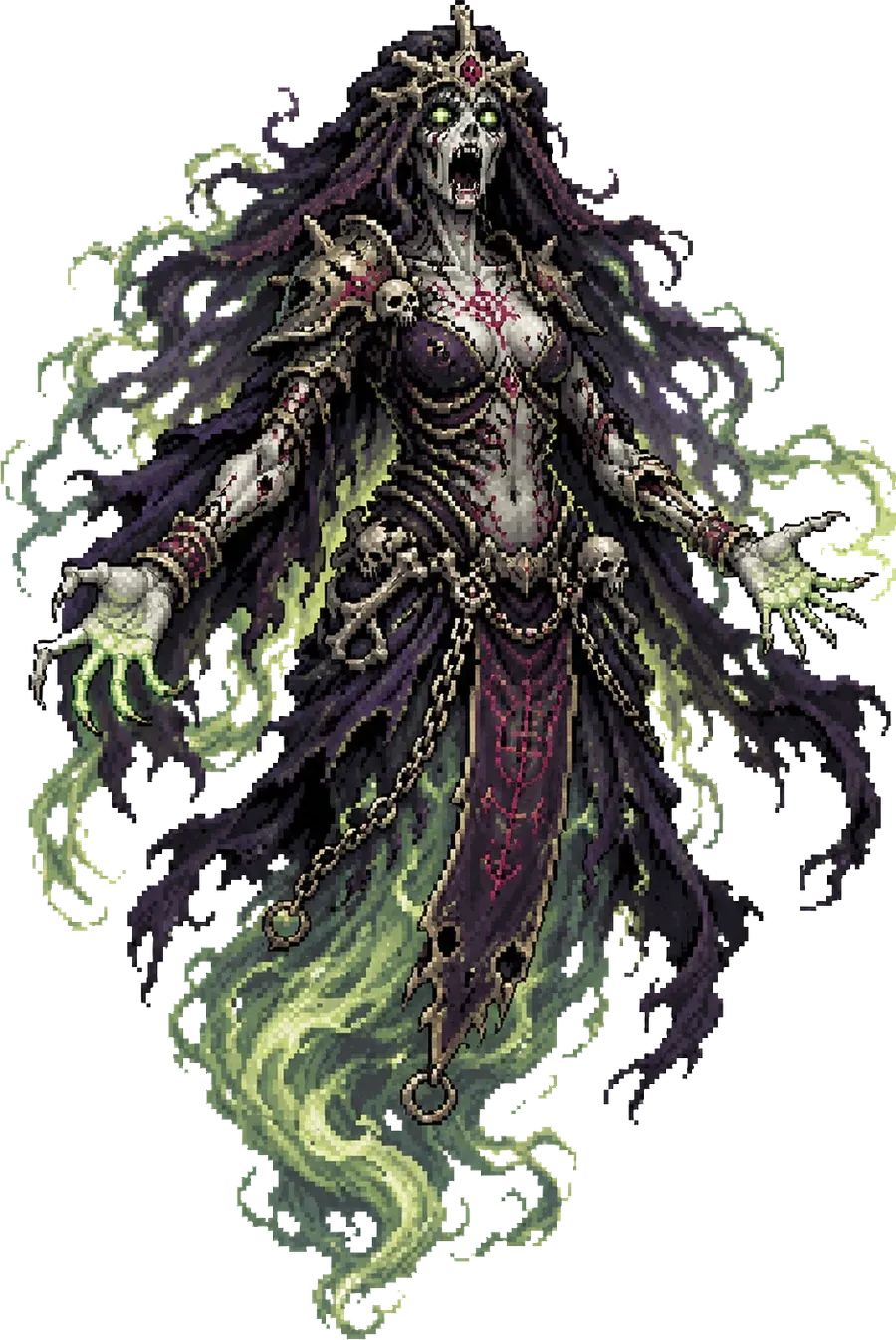 Banshee: figura femenina espectral de vestido oscuro y jirones de niebla verde, gritando