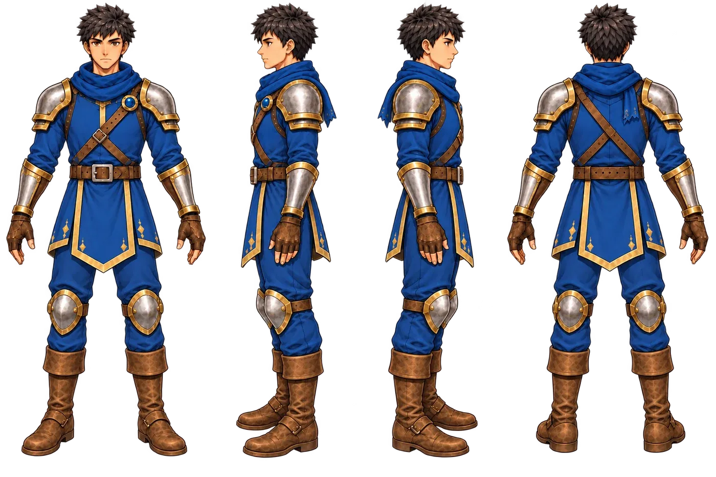 Leo's third turnaround sheet: four clean views, weapon-free, tabard above the knee guards and hair in pointed locks