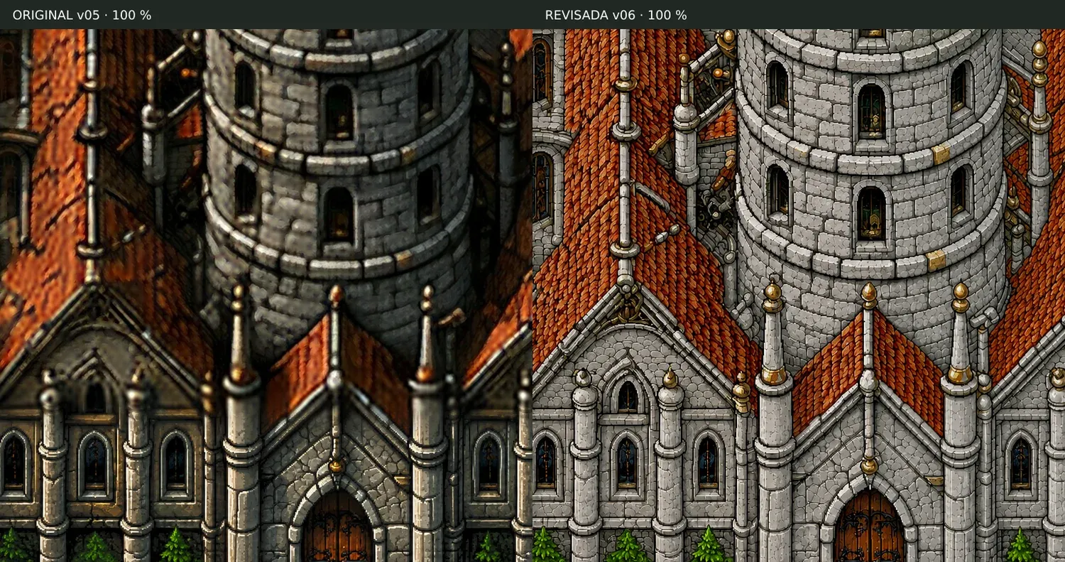 Full-scale comparison of the central sanctuary: on the left the original, on the right the defined tiles and stone