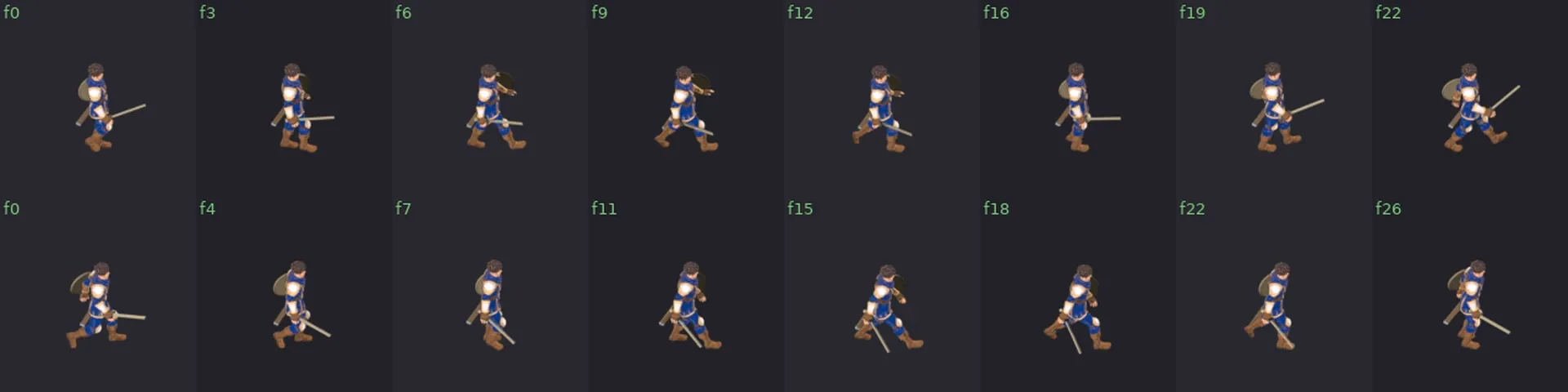 El ciclo de caminar de Leo de perfil, salido del modelo 3D y convertido de nuevo a pixel art