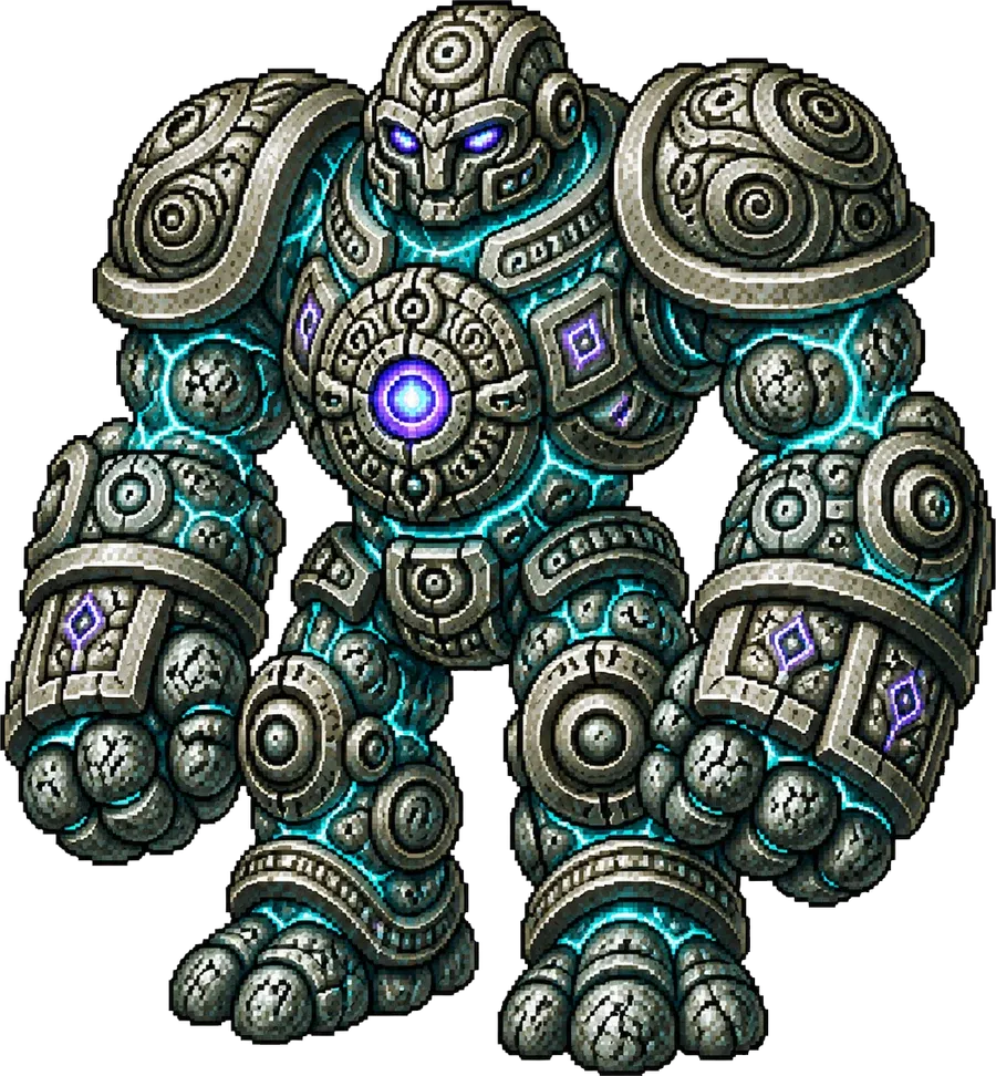 Golem rúnico: coloso de piedra cubierto de runas grabadas, con un círculo luminoso violeta en el pecho