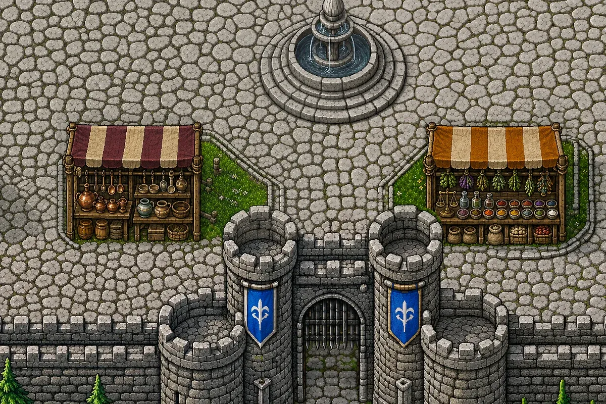 The southern bazaar: seven open stalls with coloured awnings replace the earlier workshops and sheds