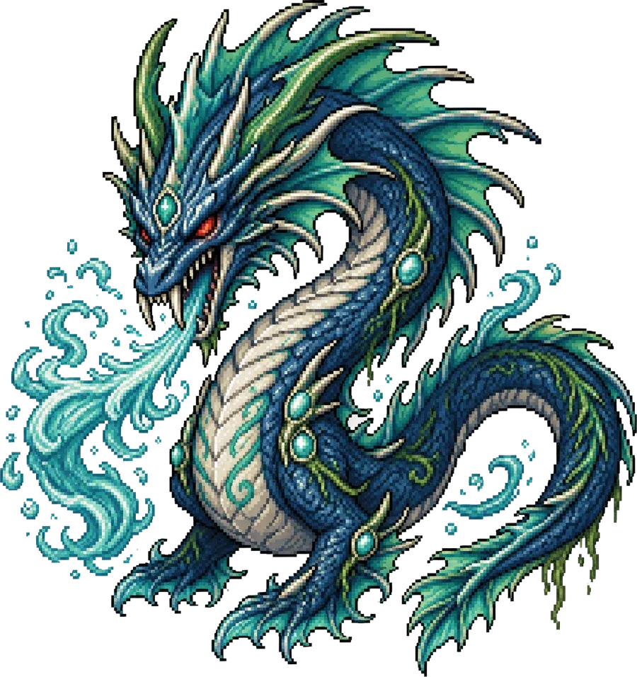 Dracoserpiente de río: cuerpo alargado azul verdoso con aletas y remolinos de agua alrededor