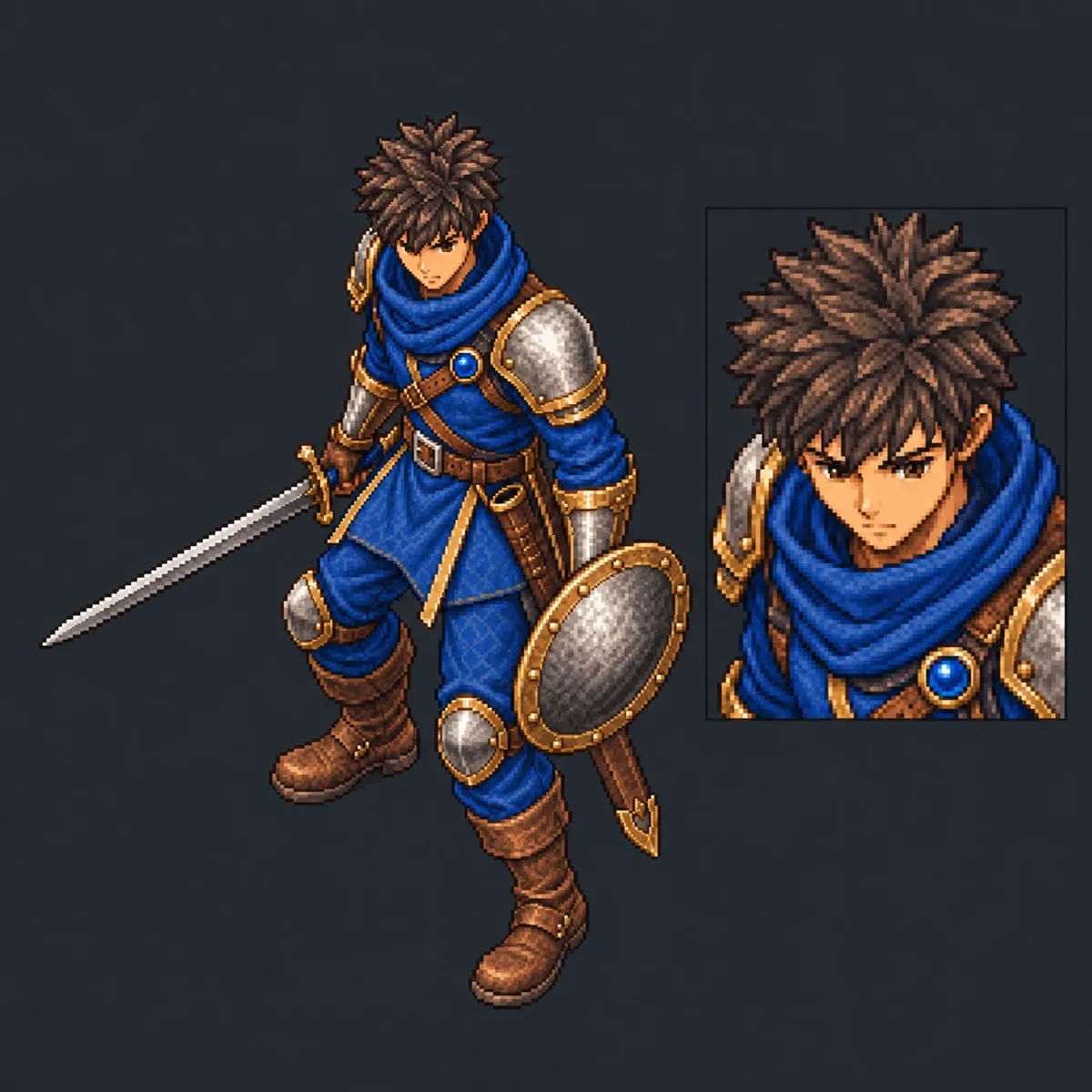 Leo en acabado C: túnica y bufanda azules, hombreras de acero con filo dorado, botas marrones, escudo redondo y espada desenvainada, con un primer plano del rostro al lado