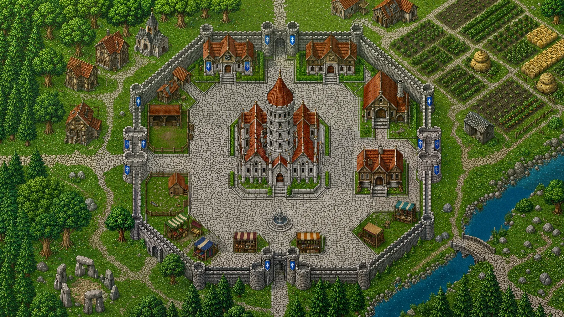 Full view of the citadel: octagonal wall with towers, central cathedral, plaza, bazaar to the south, corrals to the west, river and bridge to the east