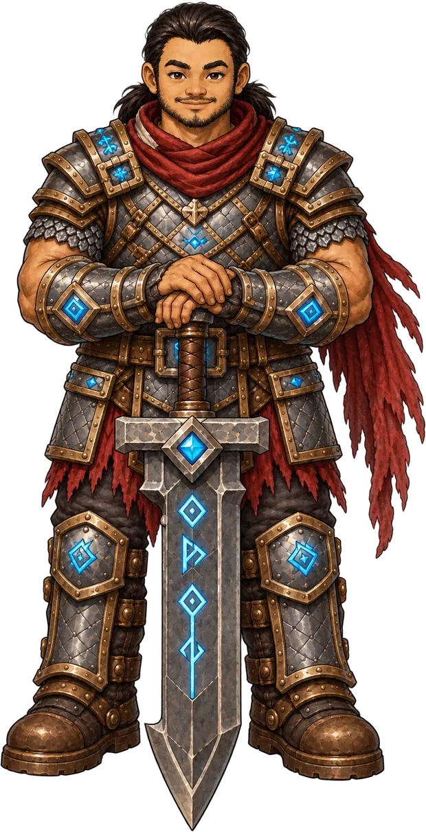 Barry de cuerpo entero: dwarf con armadura pesada de placas y runas azules, bufanda roja, apoyado en un mandoble clavado en el suelo