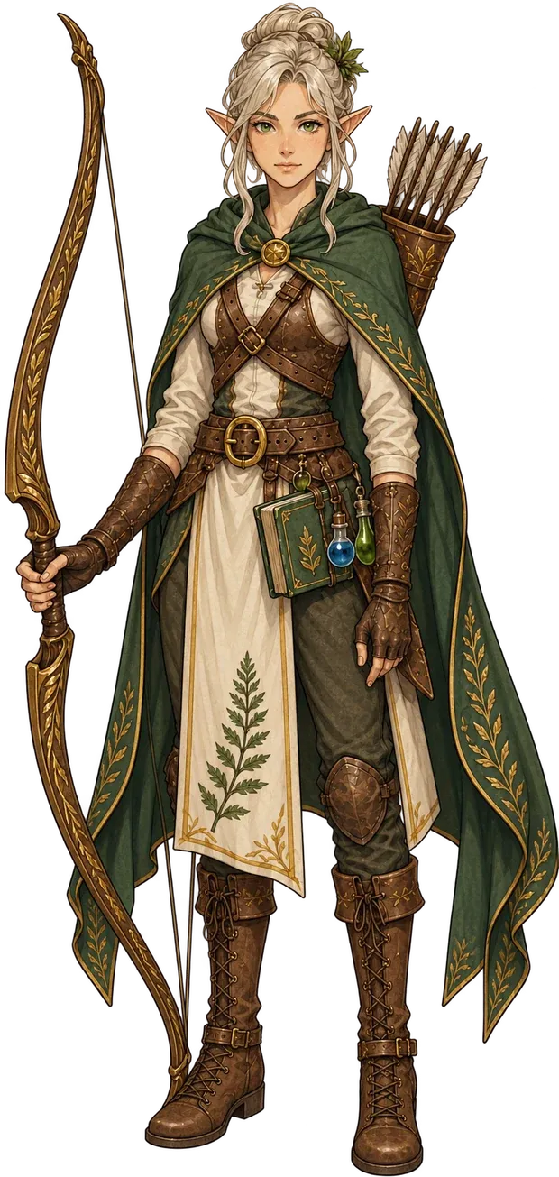 Irene de cuerpo entero: arquera elfa con capa verde, carcaj a la espalda, arco largo de madera clara y túnica color hueso