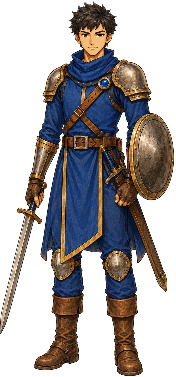 Leo de cuerpo entero: túnica azul con filo dorado, hombreras de acero, correas cruzadas de cuero, espada corta en la mano derecha y escudo redondo en la izquierda
