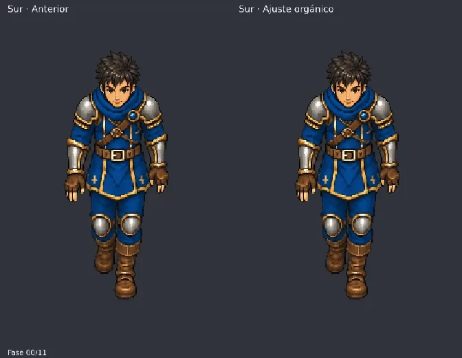 Leo's southward walk cycle, before and after the organic pass, in twelve-phase pixel art